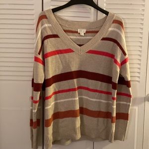 Caslon V-Neck Cotton Sweater in Beige Pink Phoebe Stripe, size XL